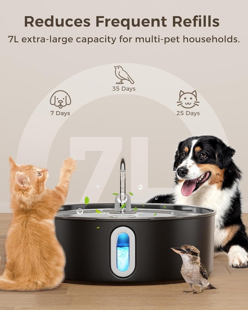 smartoo Stainless Steel Dog Water Fountain Bowl Cat Water Fountain with Replacement Filters, Great for Large Dogs Cats and Multi-Pet Home, 7L Large Pet Water Fountain Dispenser(Black) - Image 2